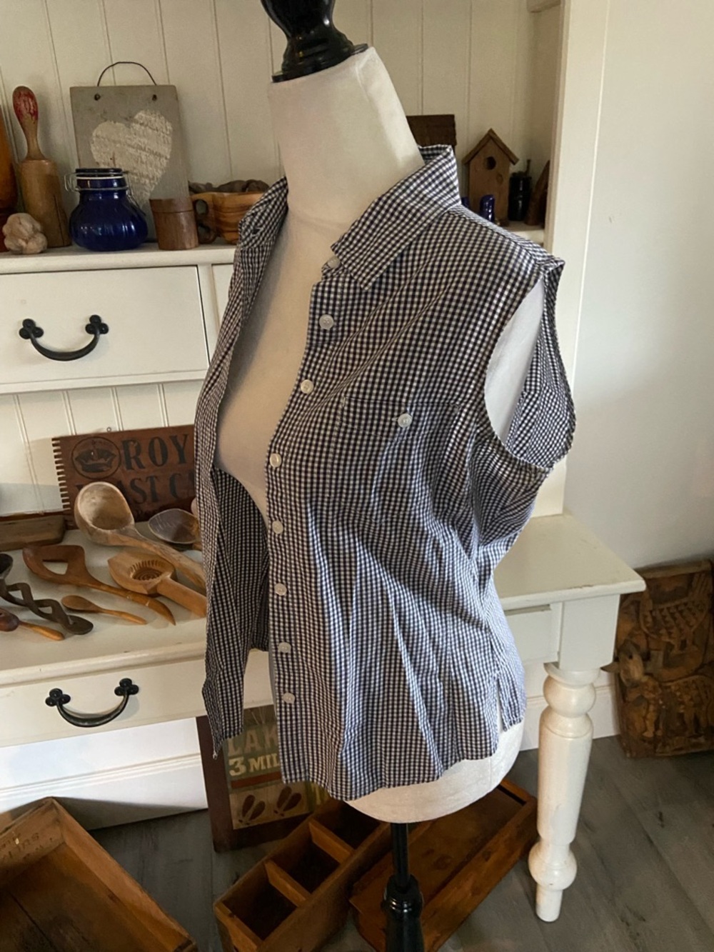 Sleeveless Navy Gingham Button-Down Shirt